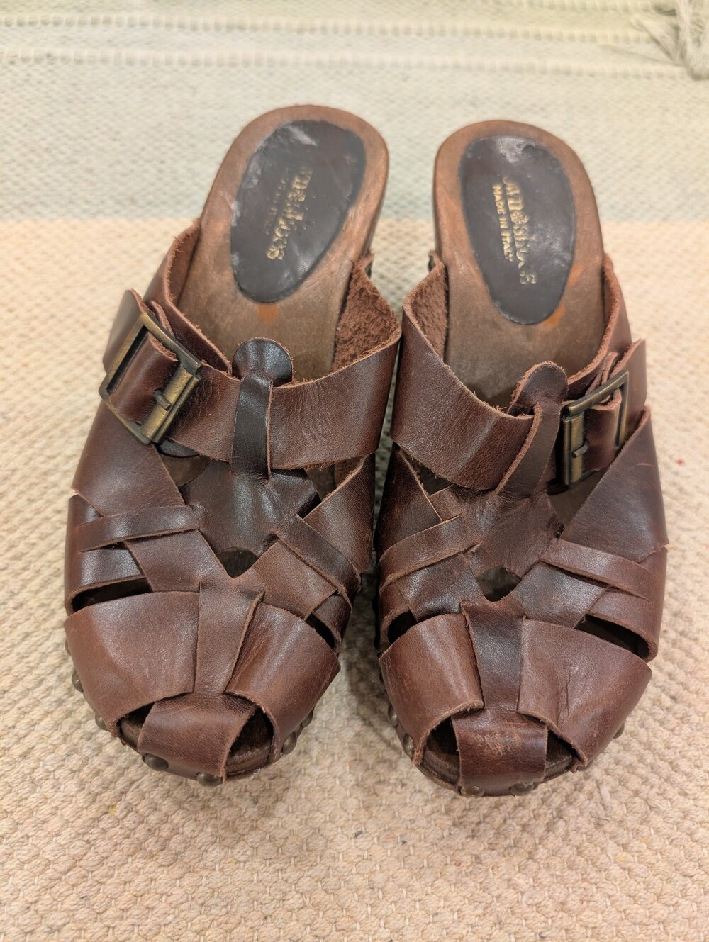Town Shoes Brown Woven Leather Buckle Clog Mule